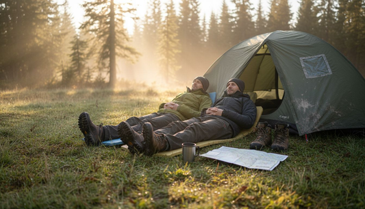 Campers using closed-cell foam pads in clearing