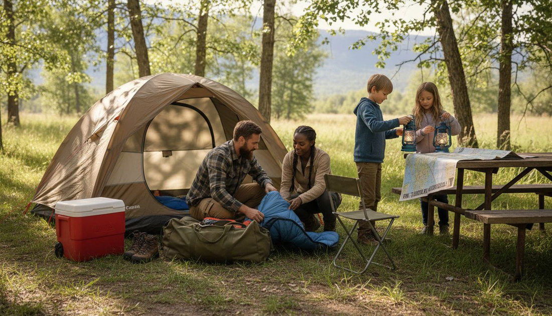 Family unpacking camping gear at campsite