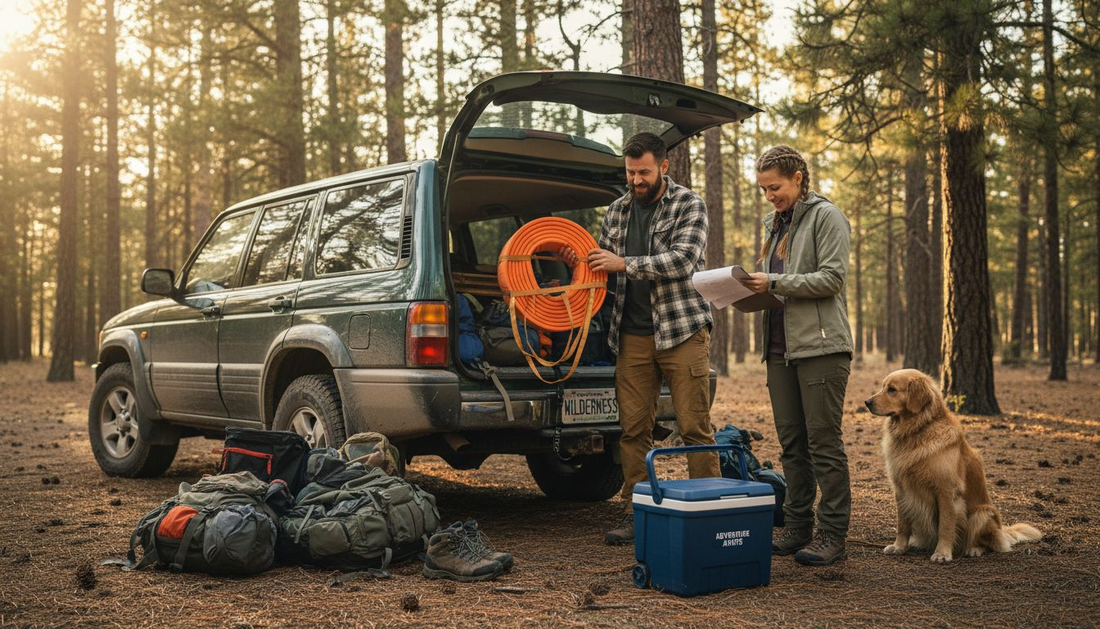Campers packing SUV at forest trailhead