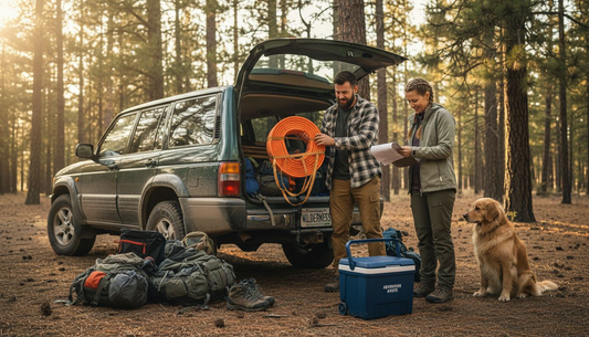 Campers packing SUV at forest trailhead