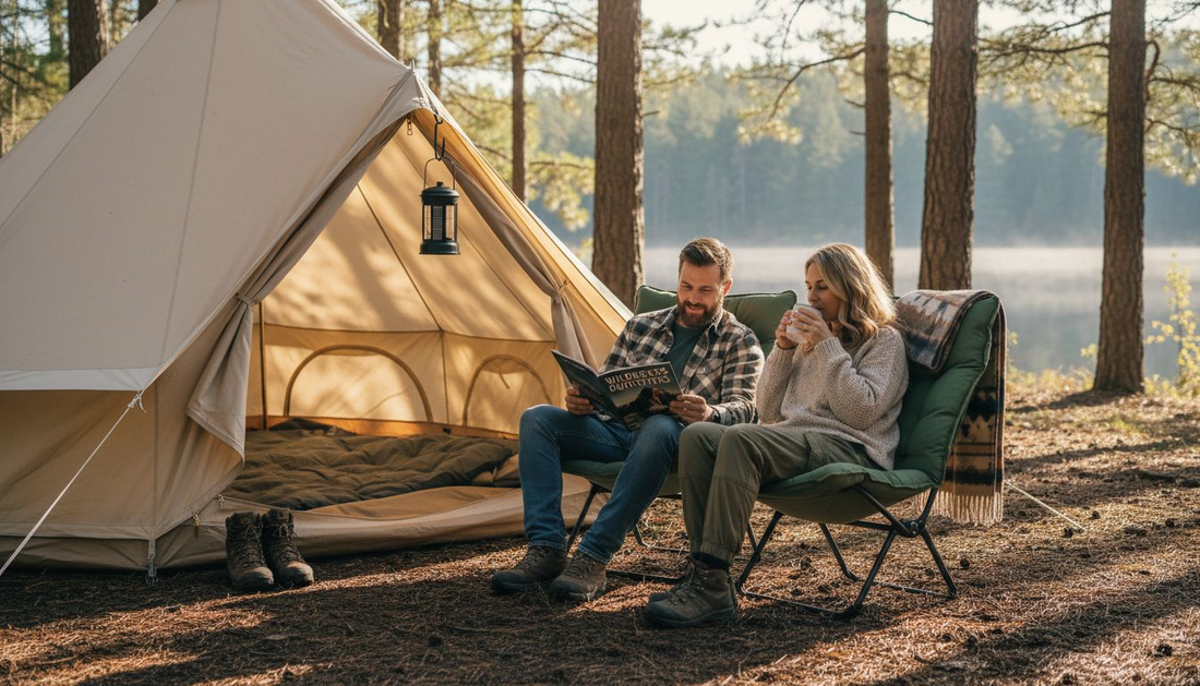 Couple relaxing at luxury camping tent