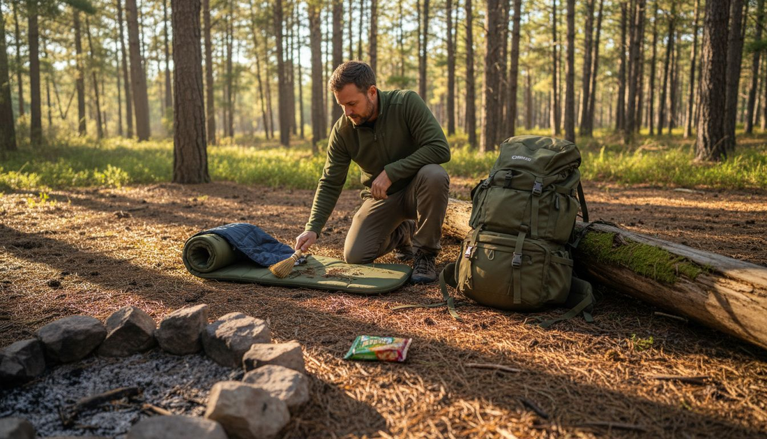 Camper cleaning camp mattress at forest site