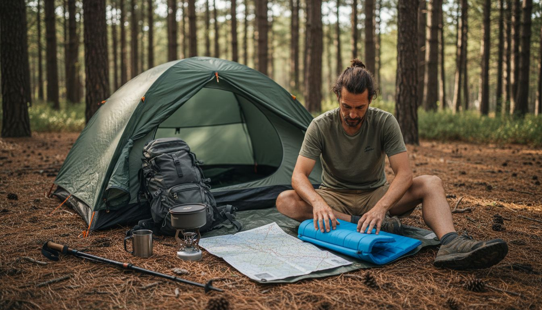 Camper setting up lightweight gear in pine forest