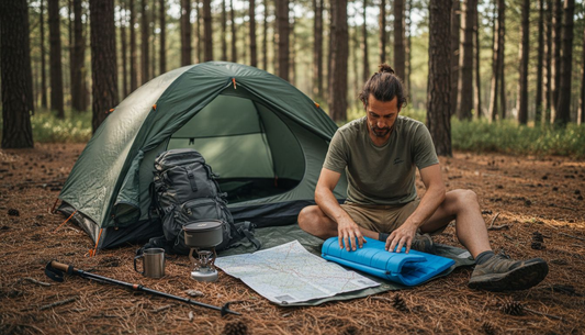 Camper setting up lightweight gear in pine forest