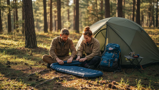 Campers setting up tent for comfortable sleep