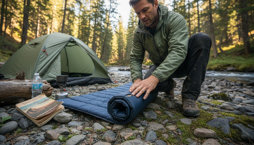 Backpacker preparing adventure travel mattress outdoors