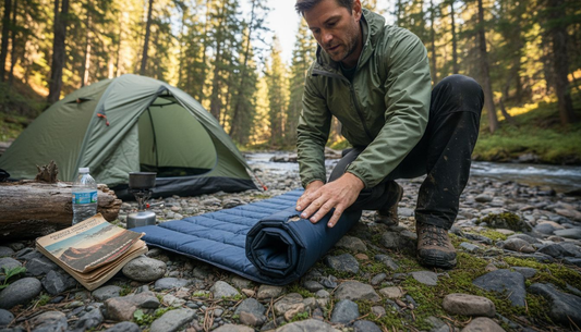 Backpacker preparing adventure travel mattress outdoors