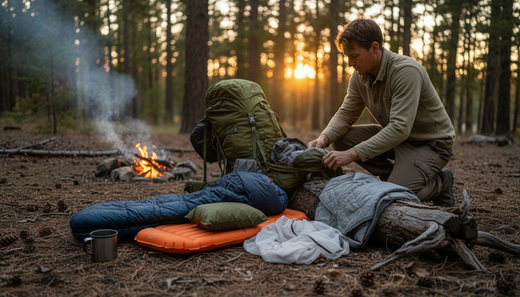 Backpacking sleep gear arranged at forest campsite
