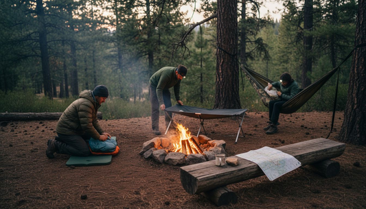 Campers setting up sleep systems in forest
