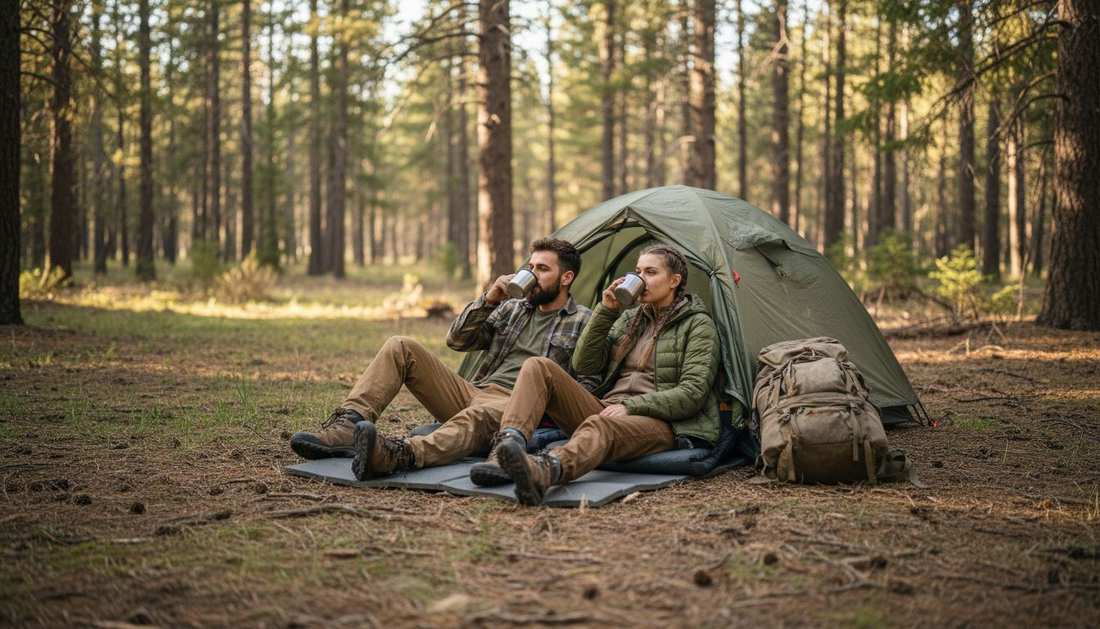 Campers relaxing on foam mats in forest