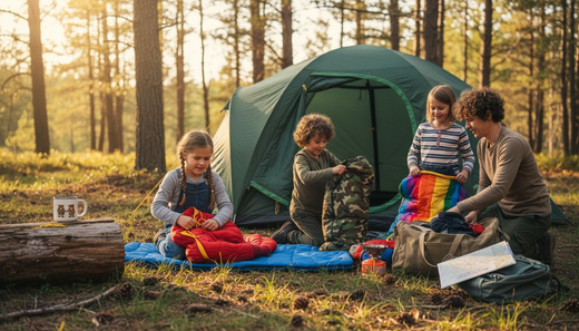 Kids unpacking camping gear with family tent
