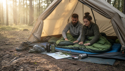 Couple setting up portable camp bedding