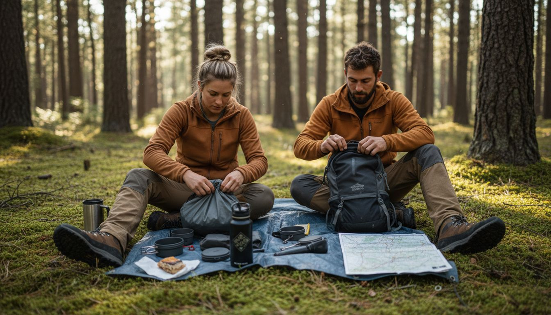 Campers organize lightweight camping gear in forest