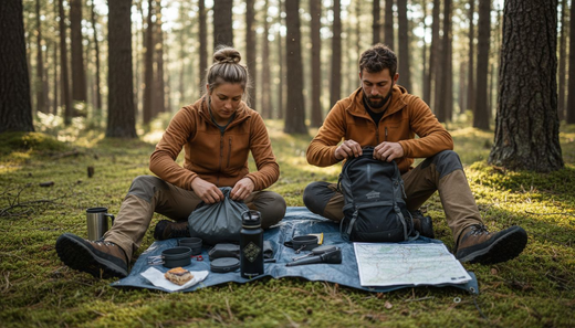 Campers organize lightweight camping gear in forest