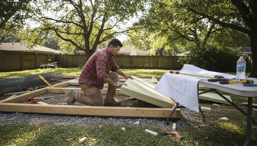 Worker assembling foam core panels outdoors