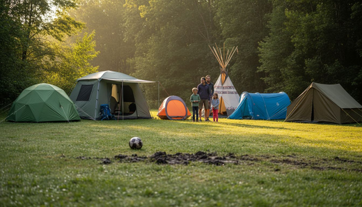 Family viewing six different tent types at campsite