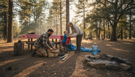 Family setting up campsite in forest