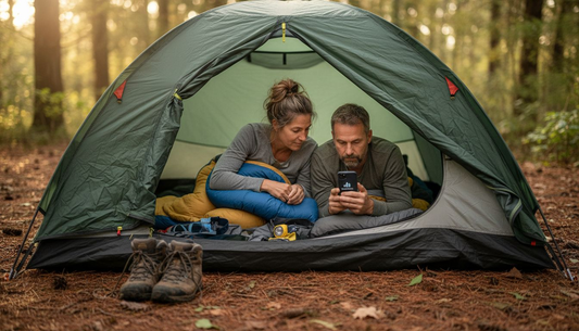 Campers using pillows inside forest tent