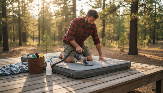 Man cleaning memory foam mattress outdoors