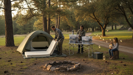 Family setting up campsite with storage and tent