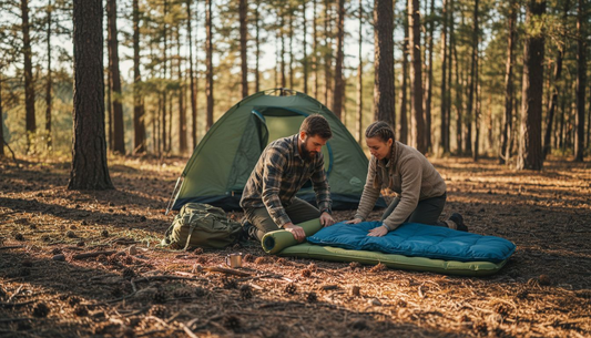 Campers assembling sleep system in forest