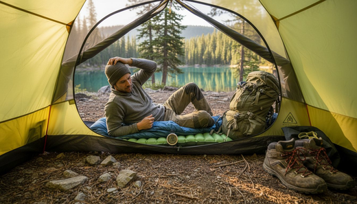 Camper checks warmth of sleeping pad outdoors