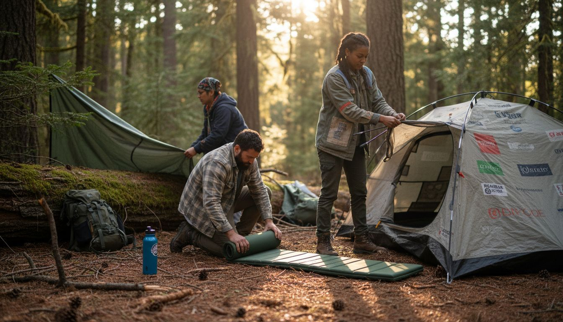 Campers setting up sustainable gear in forest