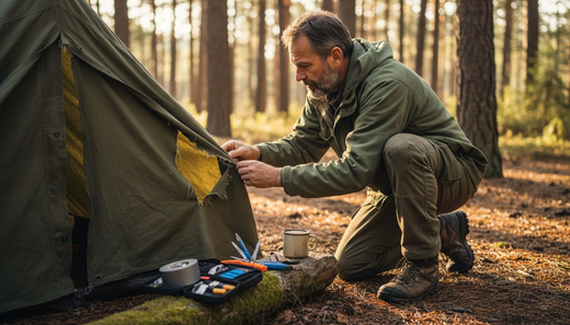 Camper inspecting tent for damage outdoors