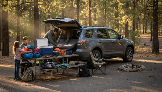 Family setting up car camping gear outdoors