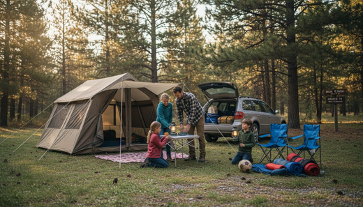 Family unpacking camping gear at forest campsite