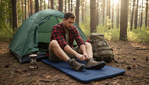Camper sitting on memory foam pad outdoors