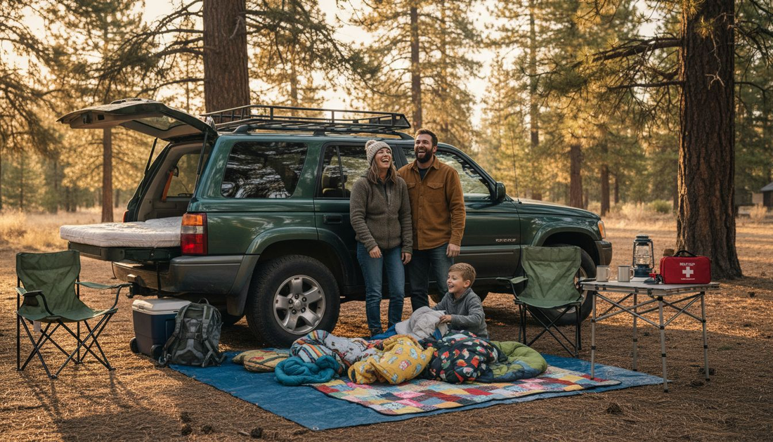 Family sets up cozy car camping site