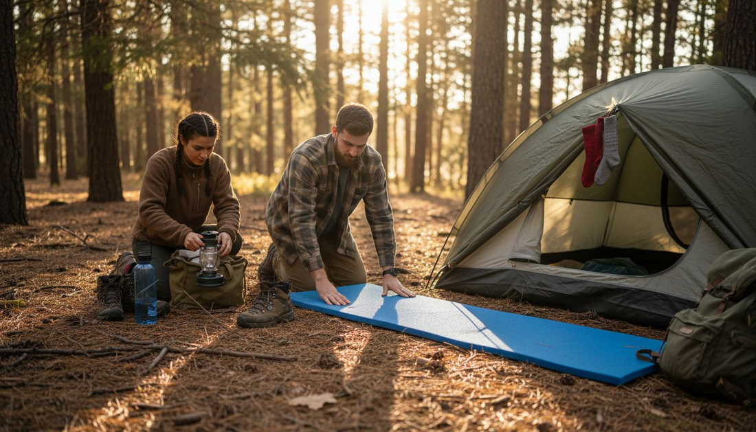 Campers setting up foam pad outside tent