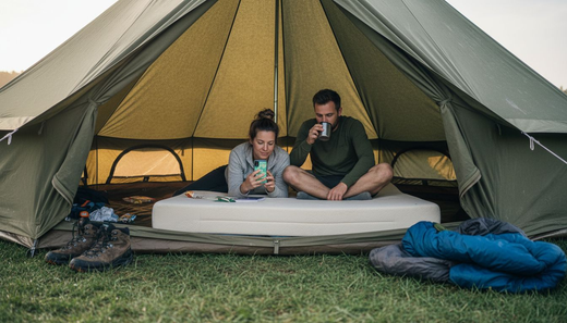Campers relaxing on memory foam mattress in tent