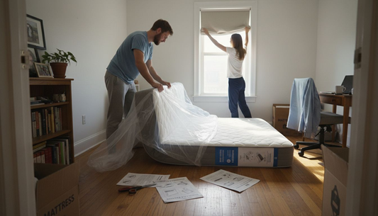 Couple unrolling roll up mattress at home