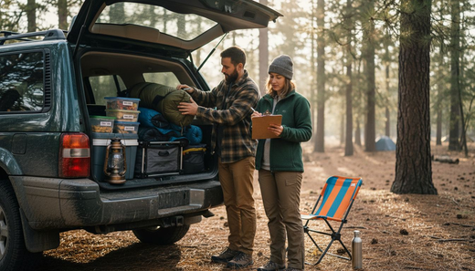 Couple organizing essentials for car camping trip
