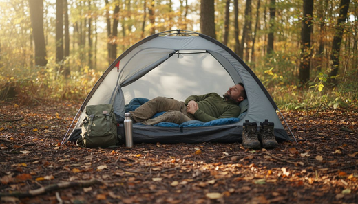 Camper relaxing on foam mattress in tent