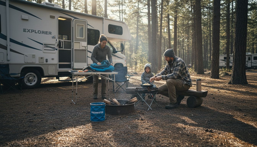 Family setting up essentials at RV campsite