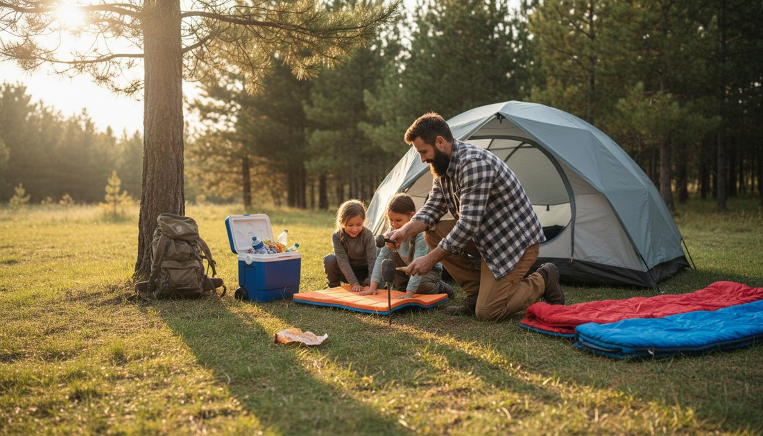 Family sets up tent at forest campsite