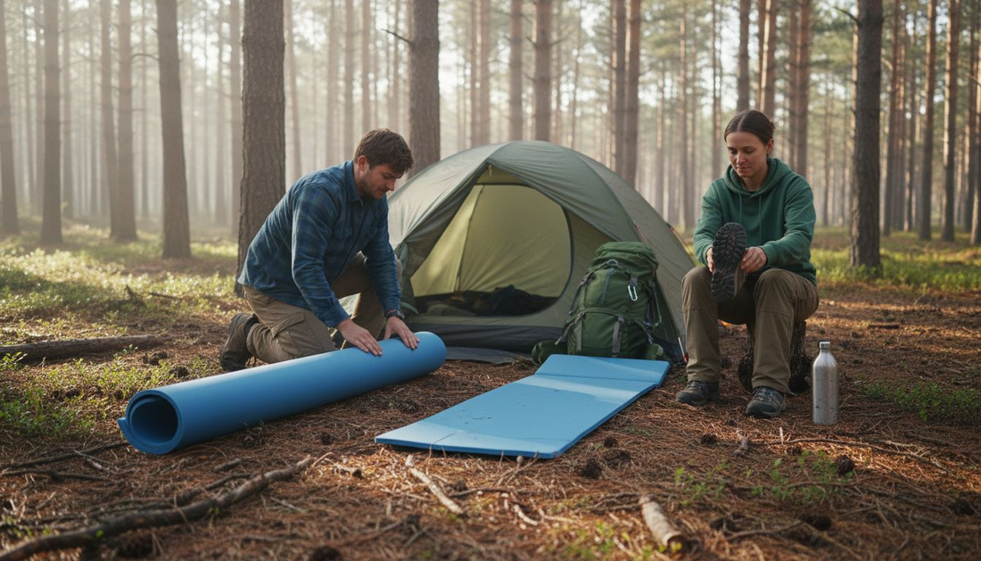 Campers setting up foam sleeping pads outdoors