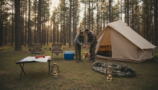 Couple preparing comfortable campsite setup