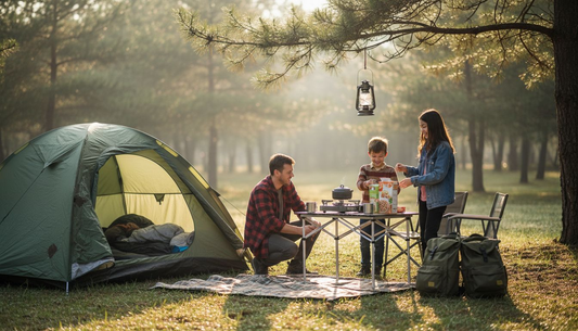 Family setting up comfortable camping gear at campsite