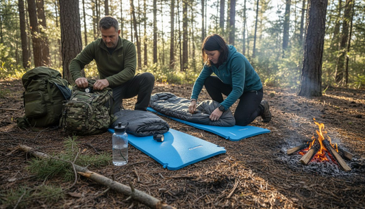 Campers setting up foam pads outdoors