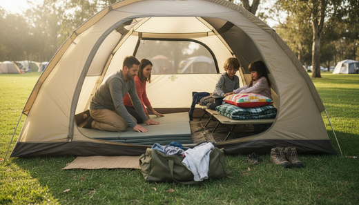 Family preparing cozy camping bed outdoors