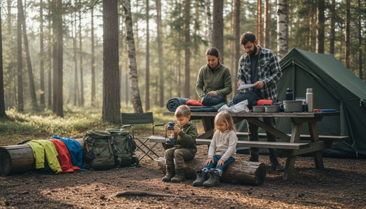 Family organizing camping gear at campground