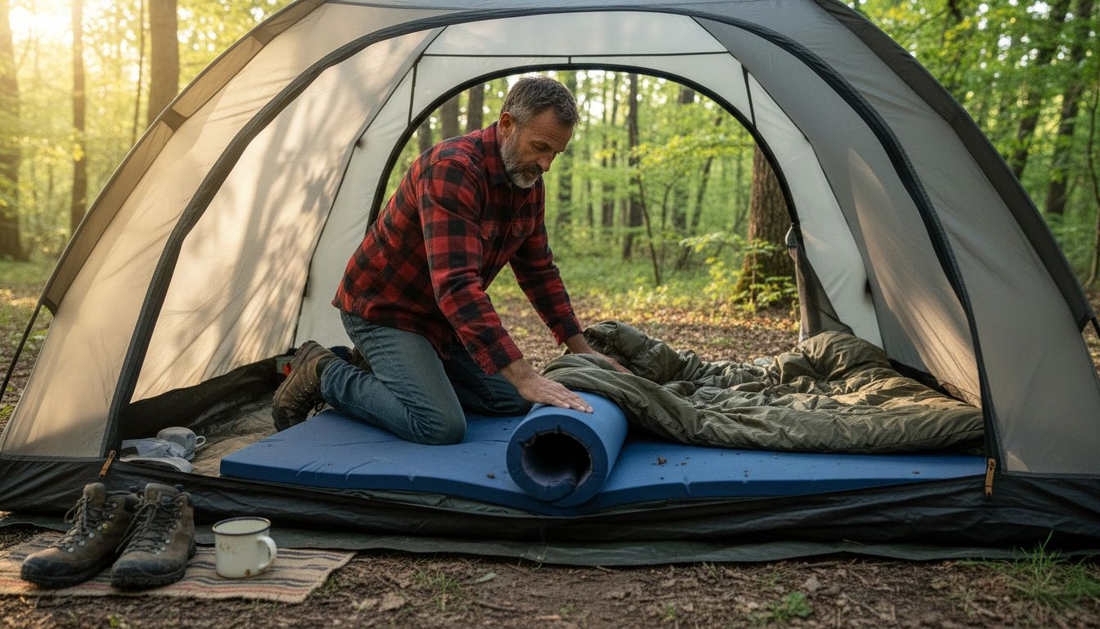 Camper setting up memory foam camping mattress