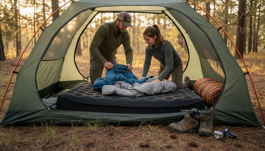 Campers assembling air mattress inside tent