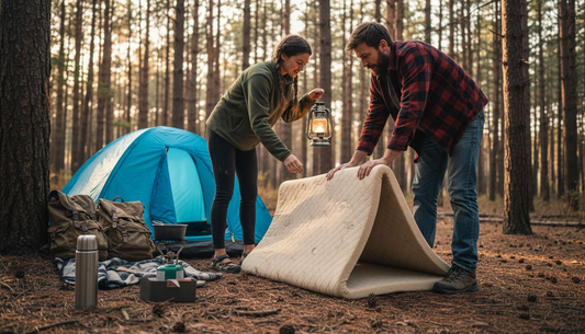 Couple unrolling memory foam camping mattress outdoors
