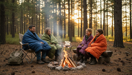 Family enjoying lightweight down blankets camping