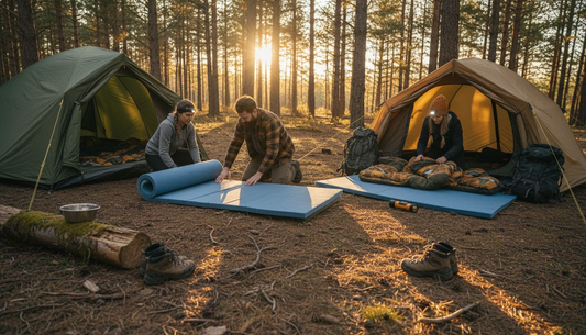 Campers setting up memory foam toppers outdoors